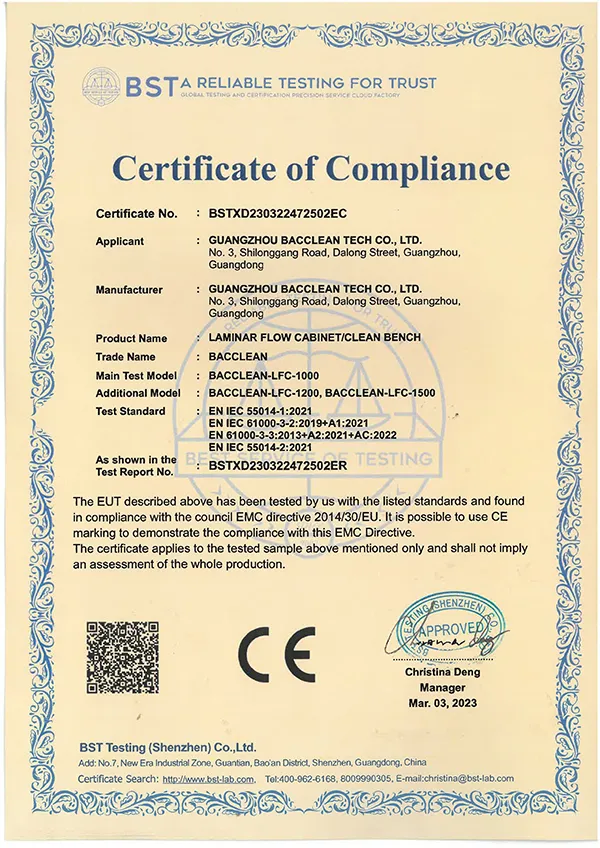 CE certificate of clean bench