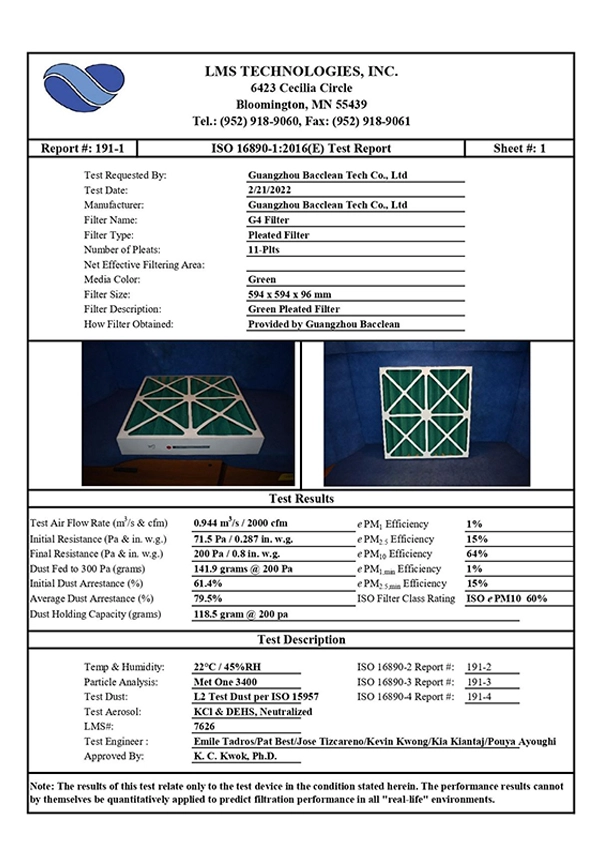 ISO 16890 test report for pleat filter G4